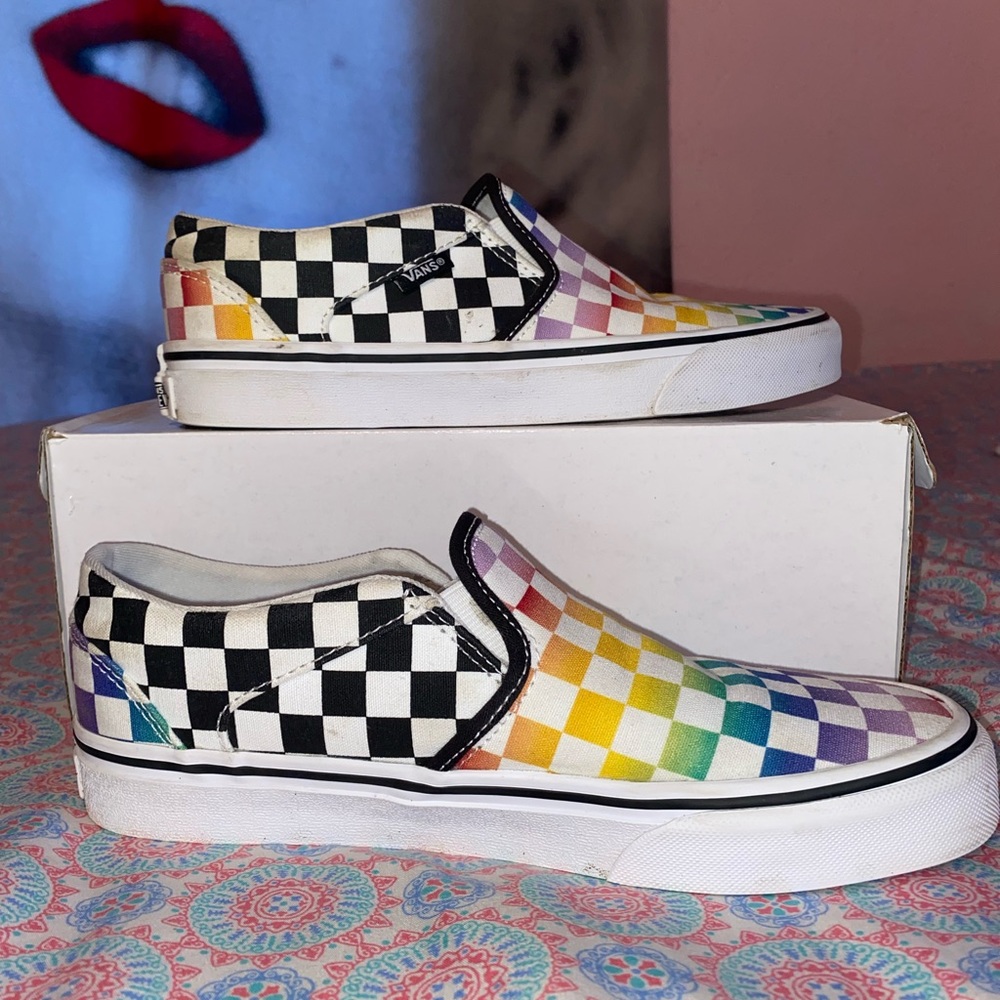 Colorful checkered vans. Size 8.5 in woman’s. Worn only a few times.